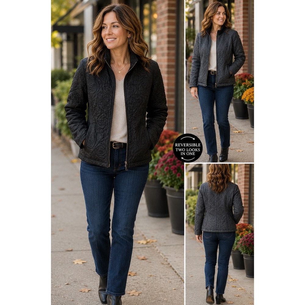 Denver Hayes Womens Black Quilted Floral Zip Moto Jacket Reversible M